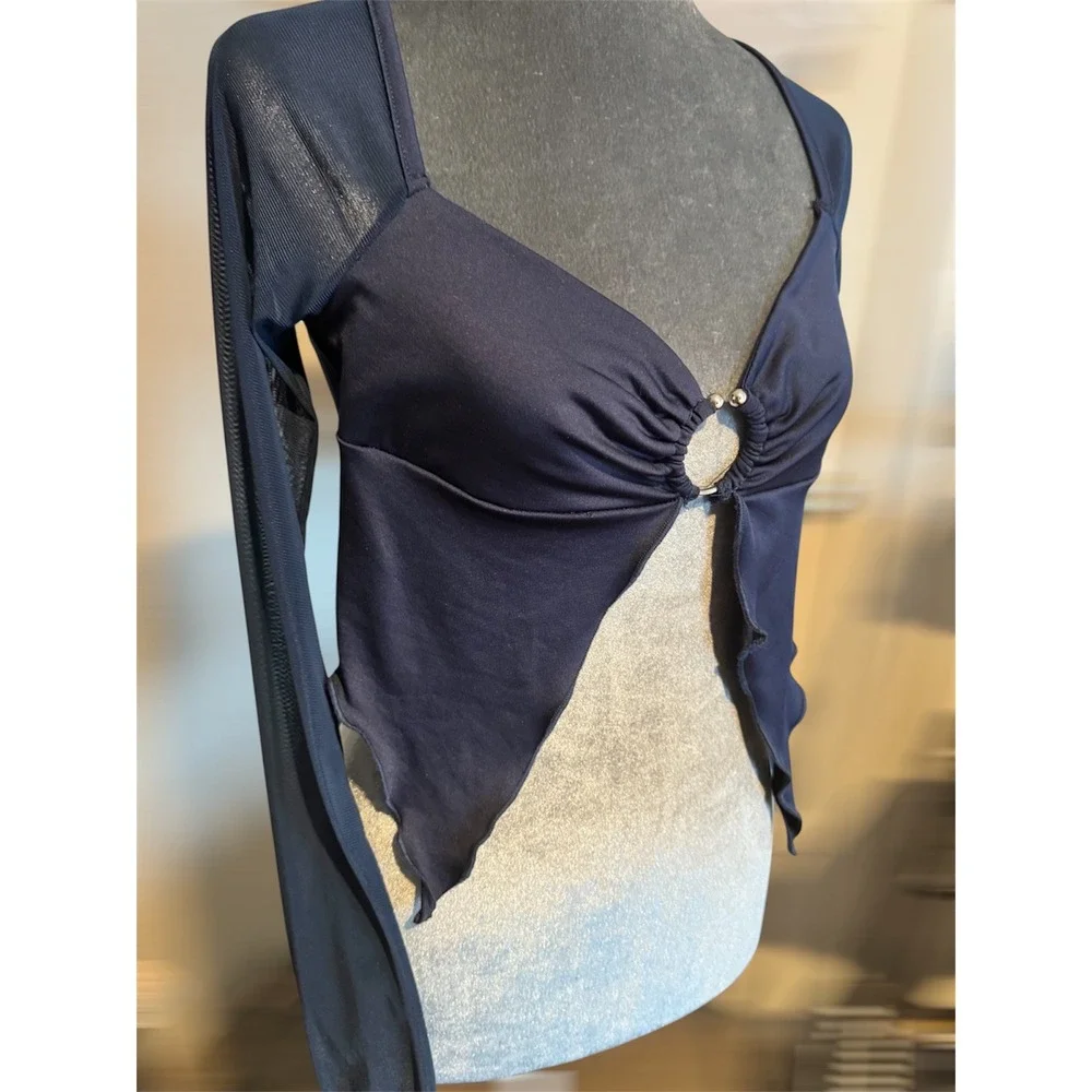 Y2K Navy Blue Mesh Sleeves Split Front O-Ring Crop Top Medium - Picture 4 of 6